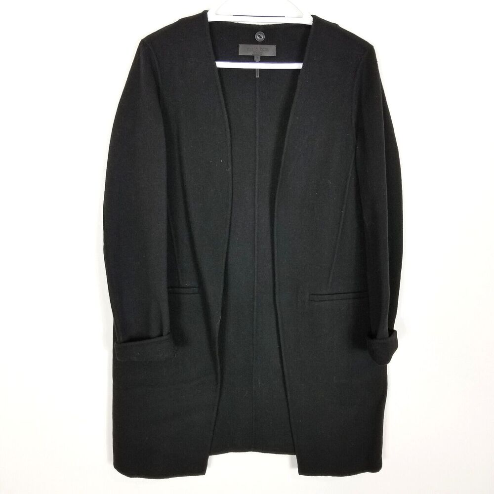 rag & bone Women Wool Blend Open Front Trench Jacket Coat sz 6 Black Pockets